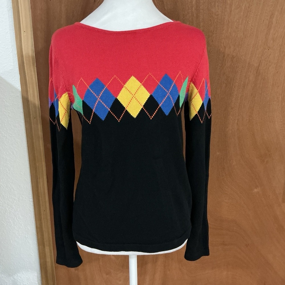 Jones New York Vintage Red Black Argyle Sweater 100% Cotton Christmas Preppy Sm.